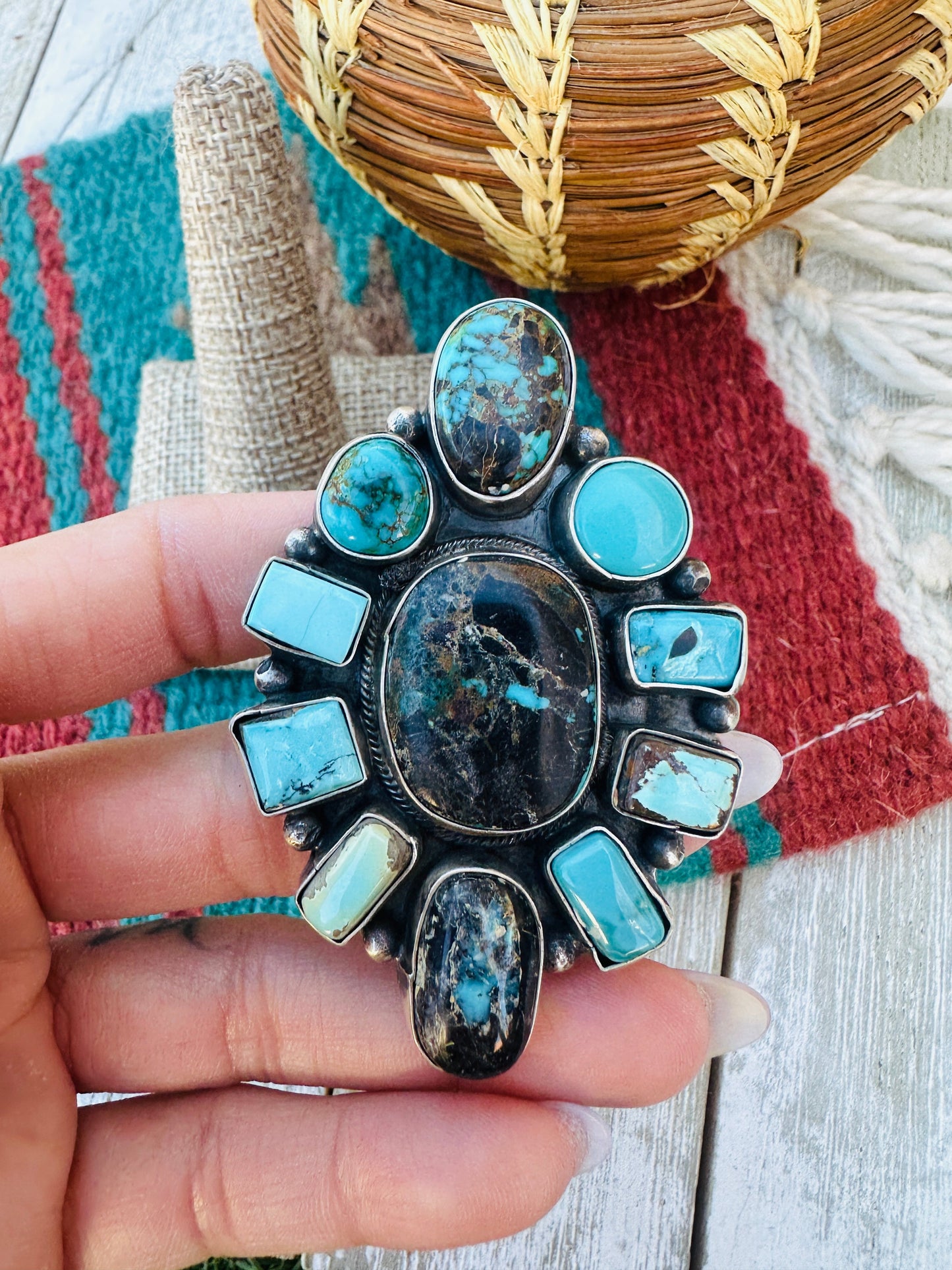 Hand Crafted Multi Turquoise & Sterling Silver Cluster Ring Size 10.5 by Ella Peter
