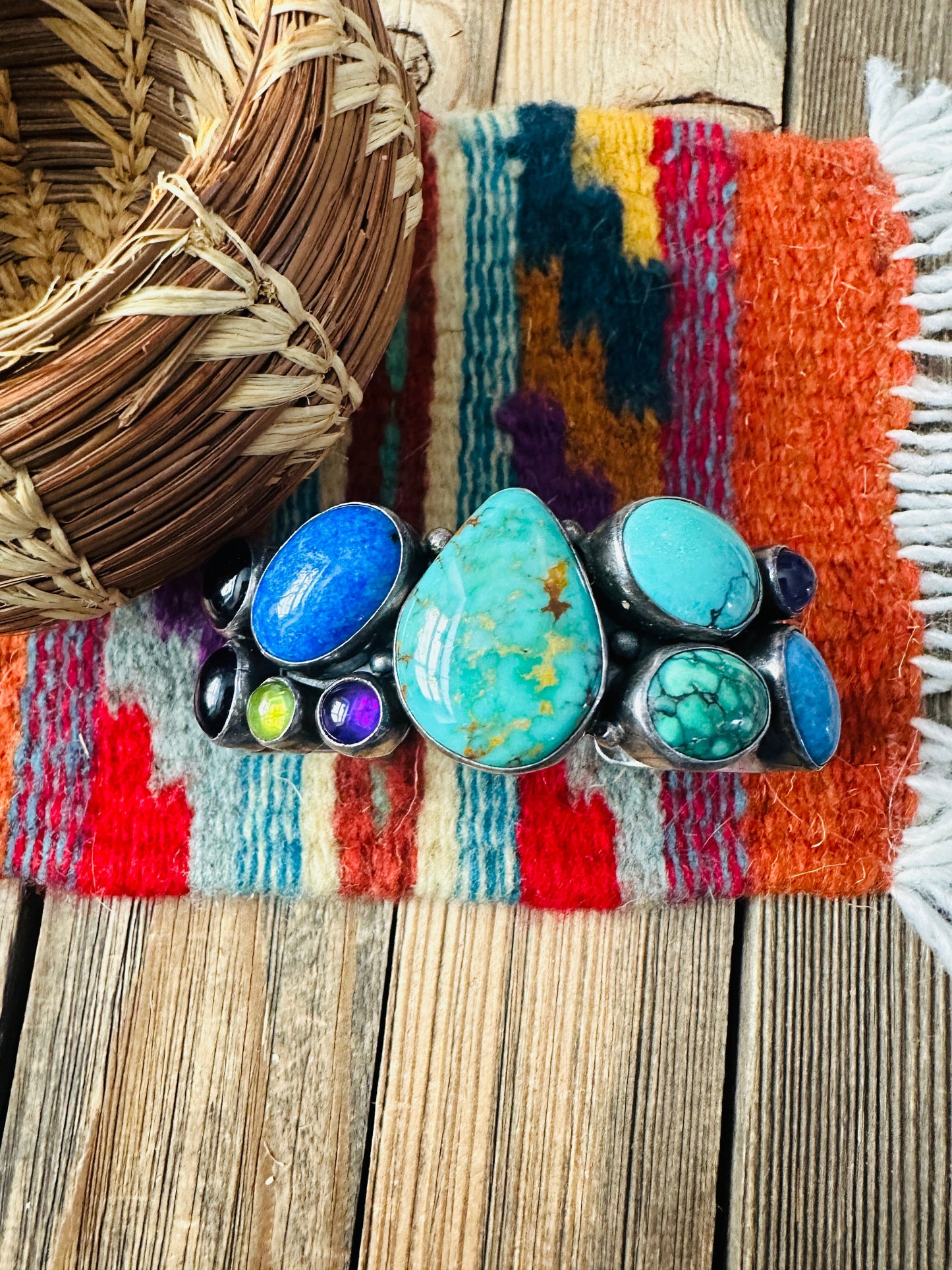 Handcrafted Old Pawn Sterling Silver & Multi Stone Cuff Bracelet