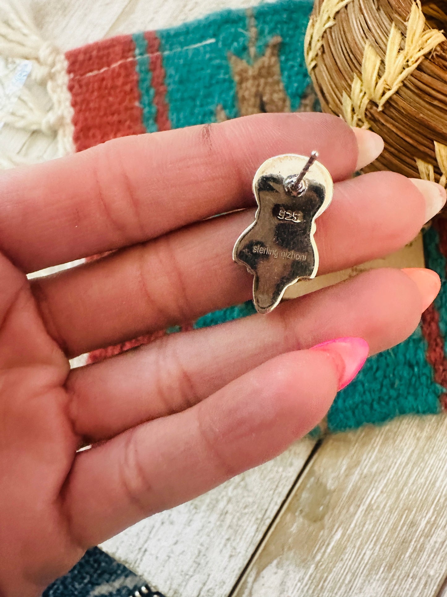 ** Christmas Collection ** Handmade Sterling Silver, Coral & Turquoise Earrings Signed Nizhoni
