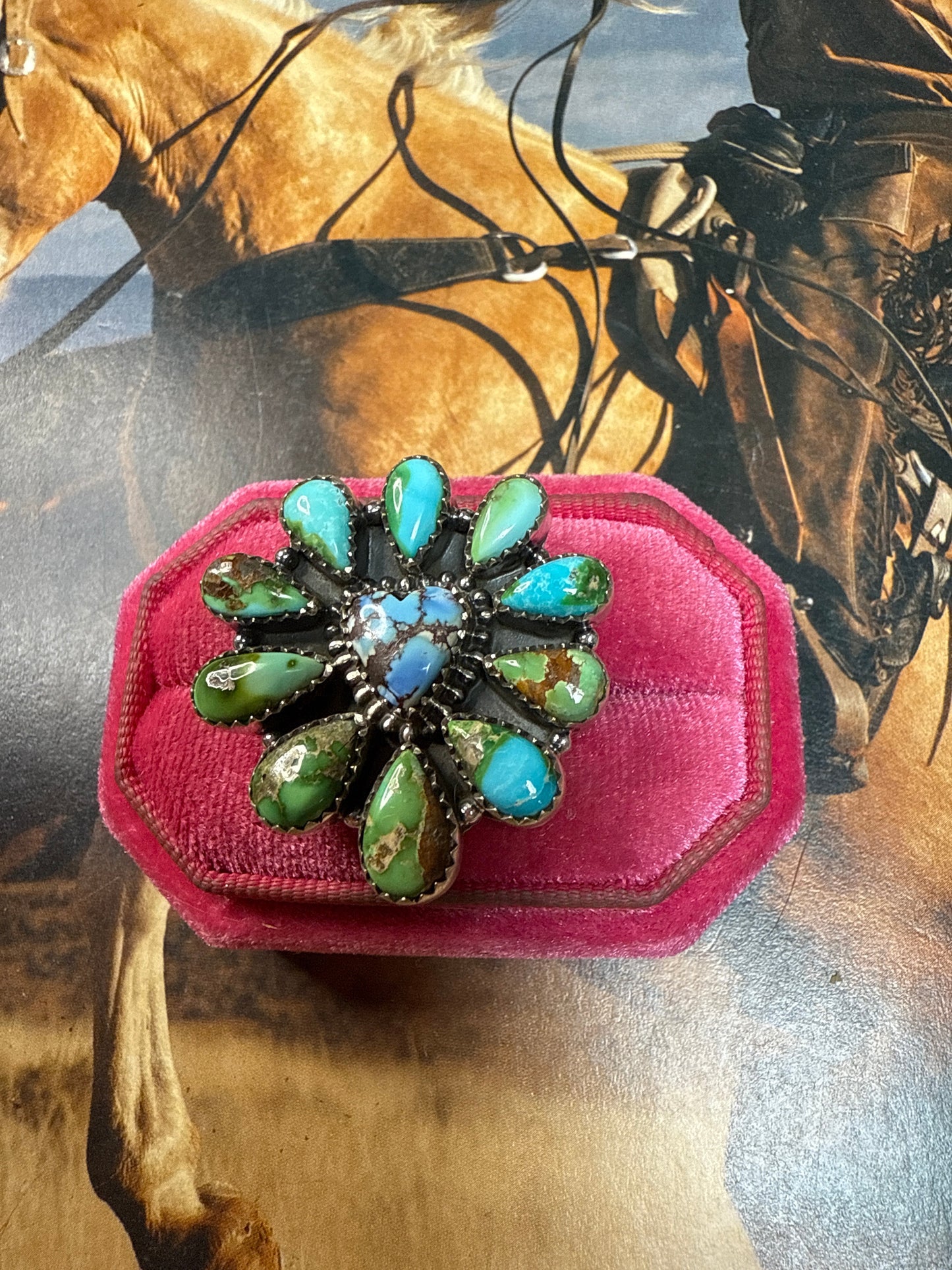 Handmade Adjustable Golden Hills Turquoise, Sonoran Mountain Turquoise & Sterling Silver HEART Ring