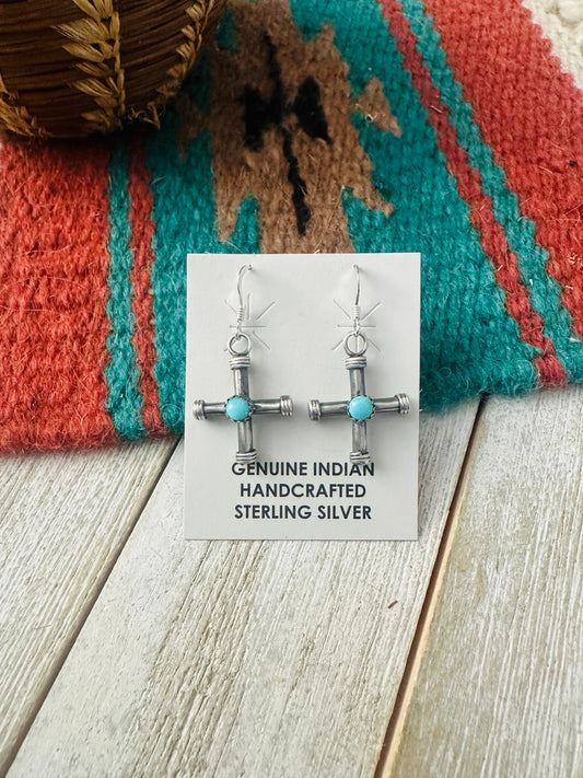 Handcrafted Sterling Silver & Turquoise Cross Dangle Earrings