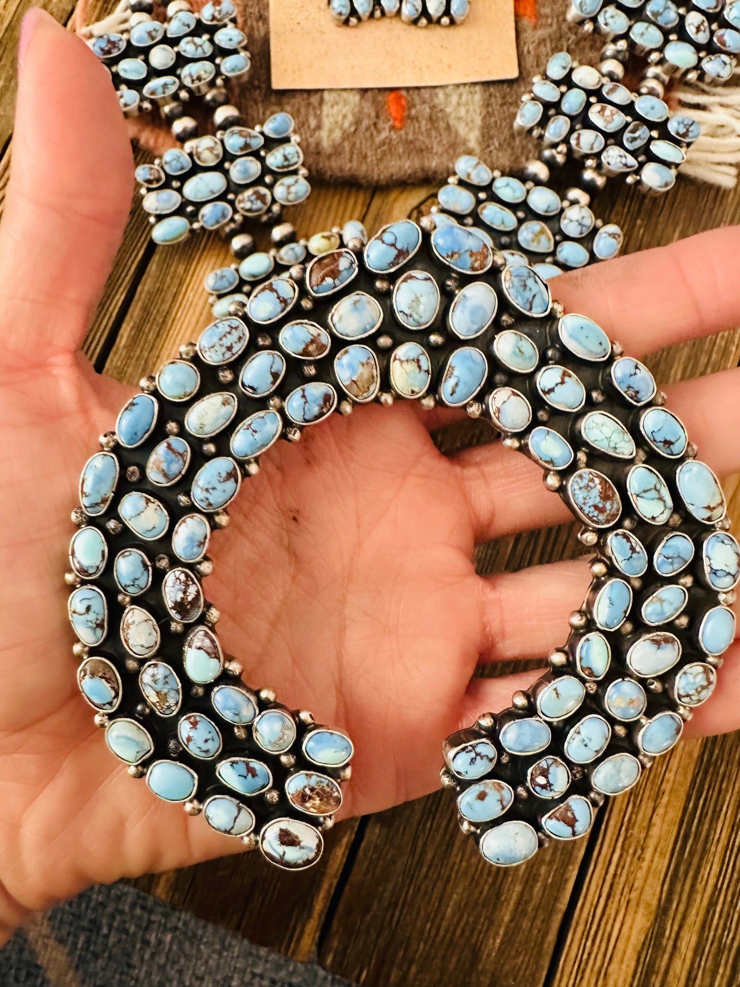 Navajo Golden Hills Turquoise & Sterling Silver Squash Blossom Necklace Set by Ben Yellowhorse