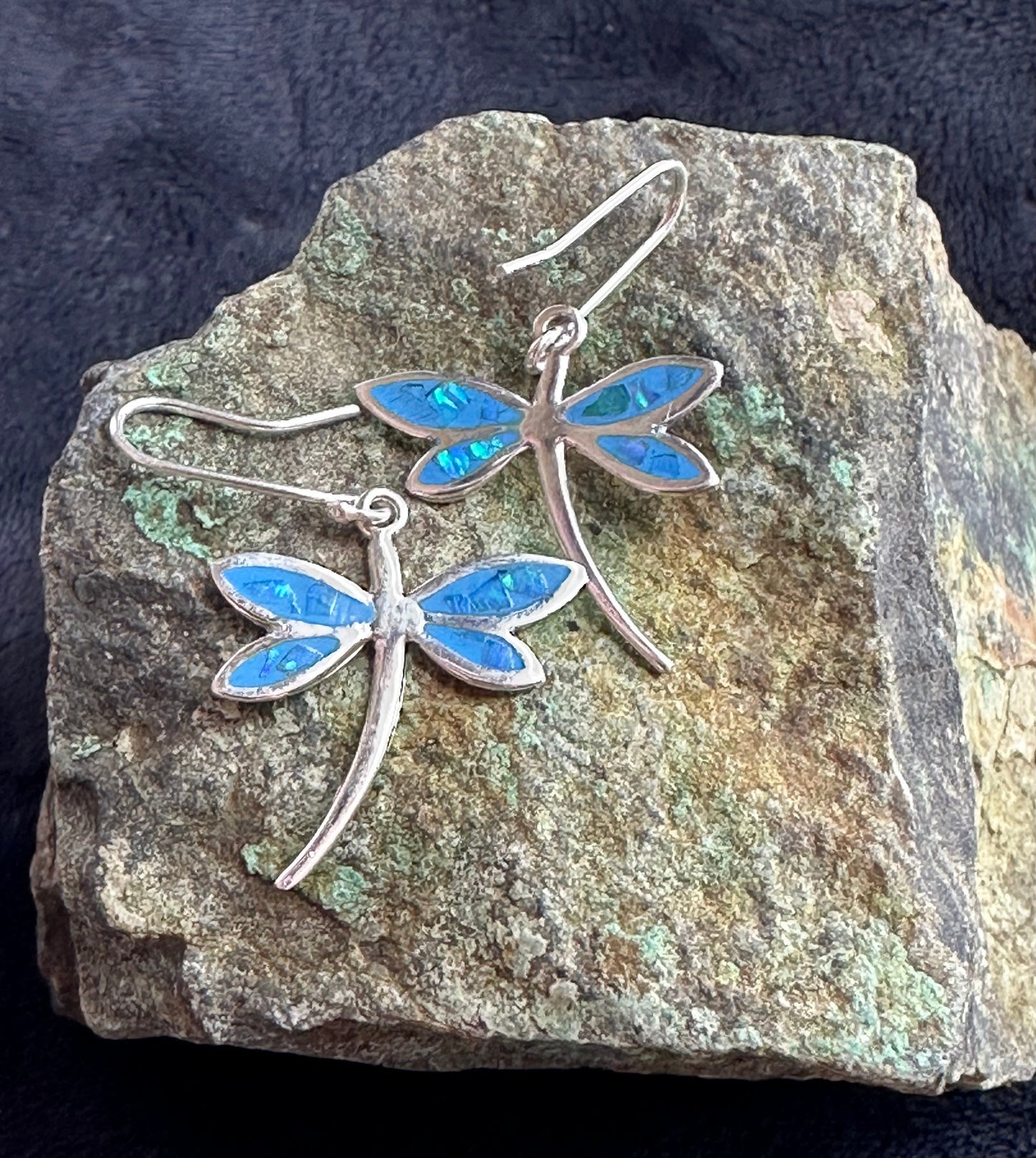 Blue Opal Dragonfly Earrings on Hook