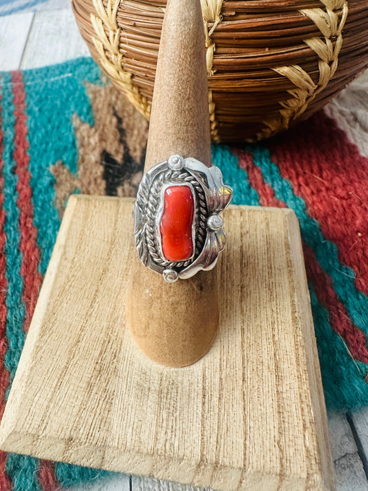 Handcrafted Coral & Sterling Silver Ring Size 5.5