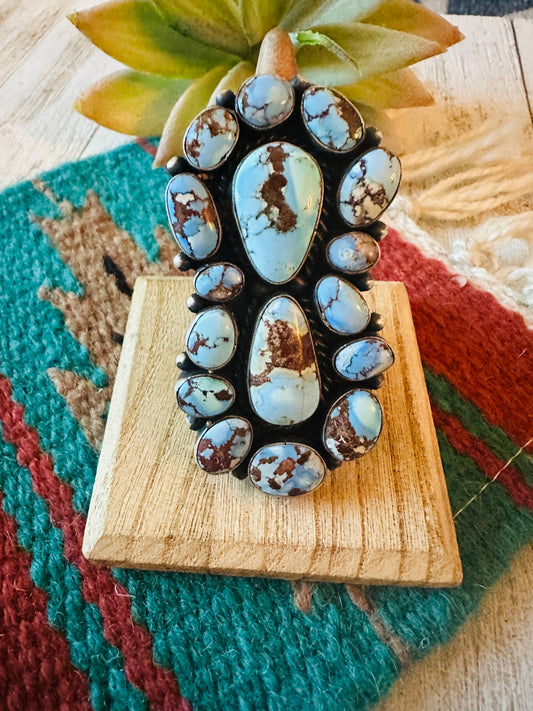 Handcrafted Golden Hills Turquoise & Sterling Silver Cluster Ring Size 8