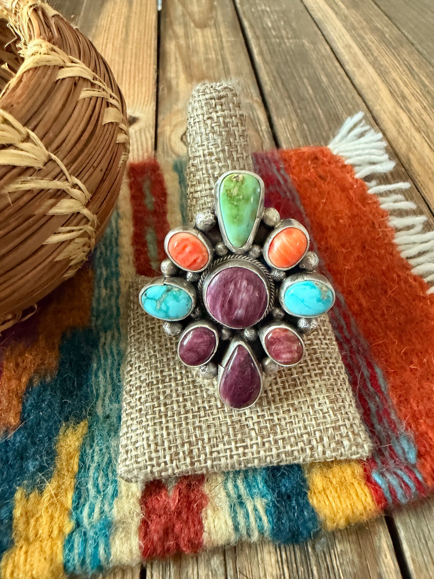 Handcrafted Spiny Oyster, Turquoise & Sterling Silver Adjustable Cluster Ring by Sheila Becenti