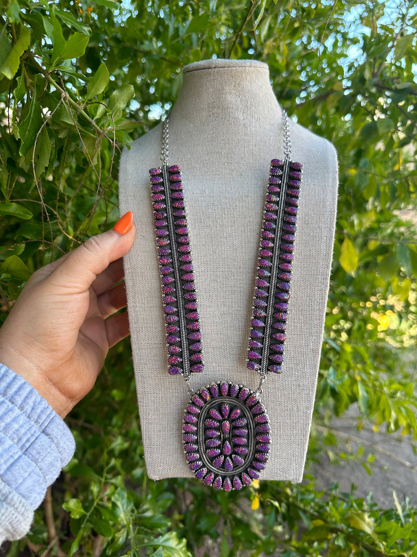 Handmade Dark Purple Fire Opal & Sterling Silver Statement Necklace