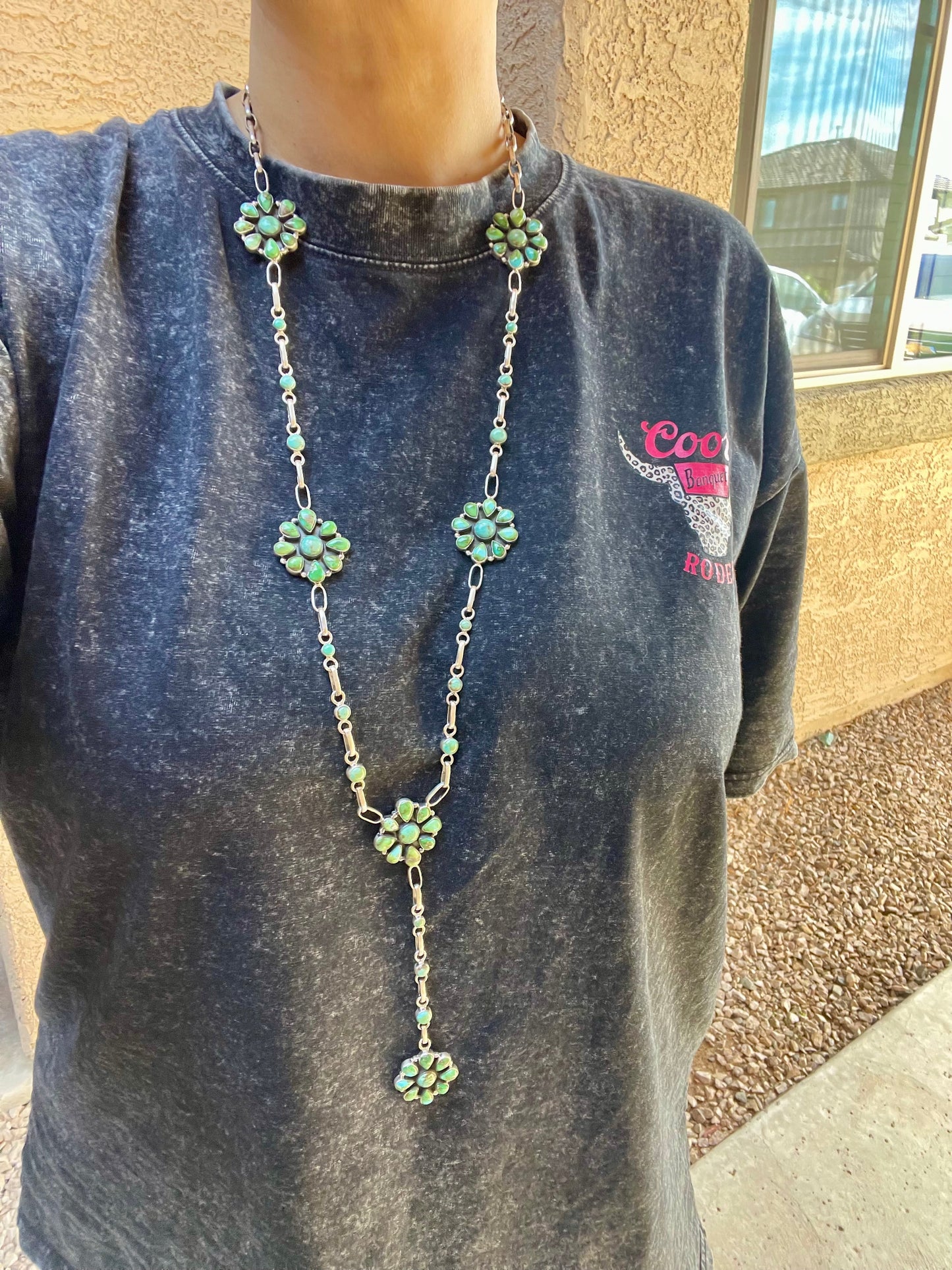 Handmade Sterling Silver & Sonoran Mountain Turquoise Cluster Lariat Necklace