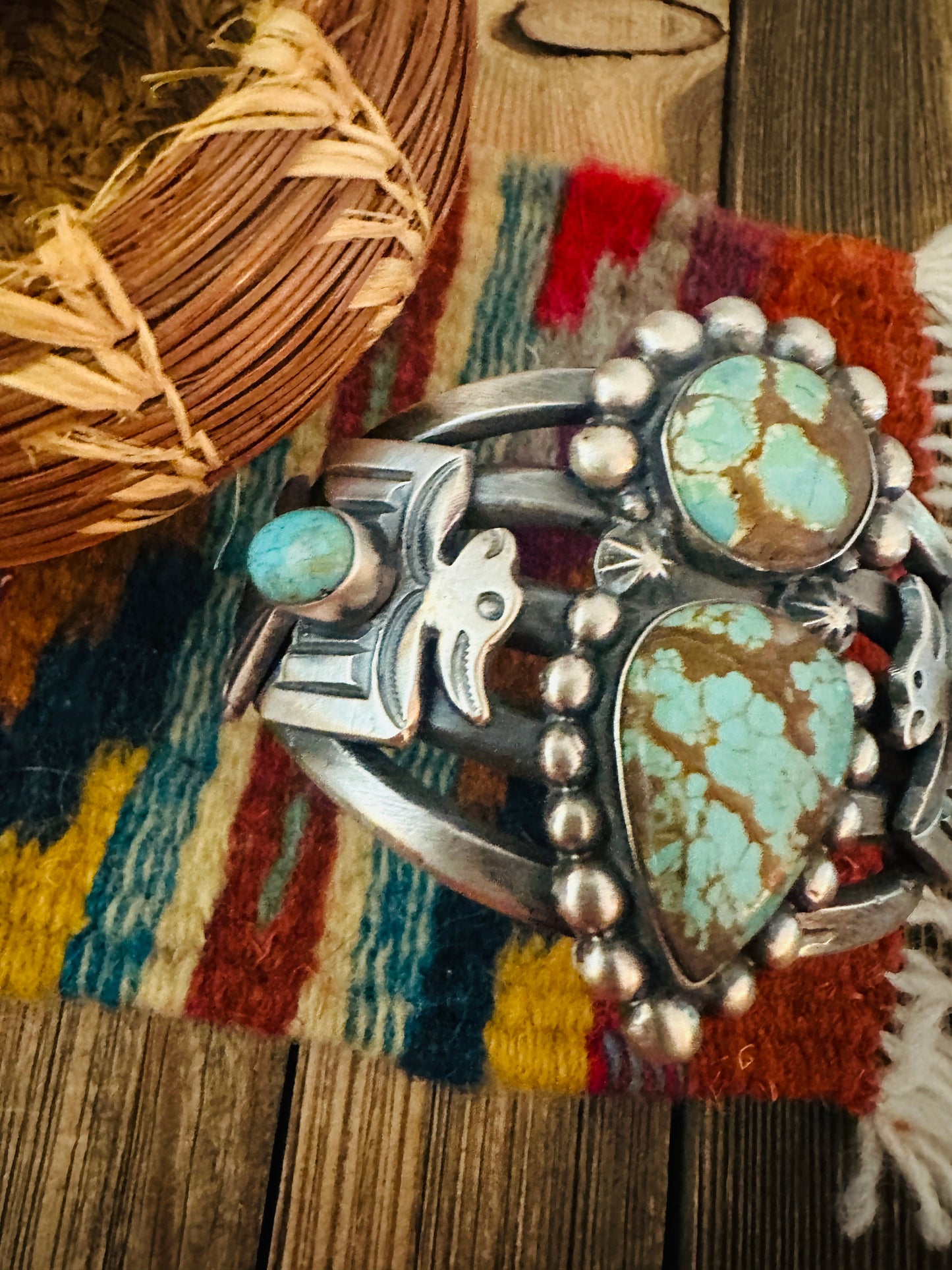 Handcrafted Sterling Silver & Number 8  Turquoise Thunderbird Cuff Bracelet by Chimney Butte