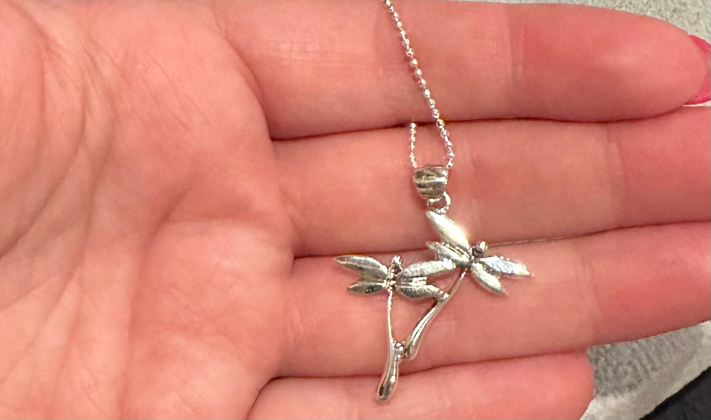 Double Dragonfly Sterling Silver Pendant Necklace
