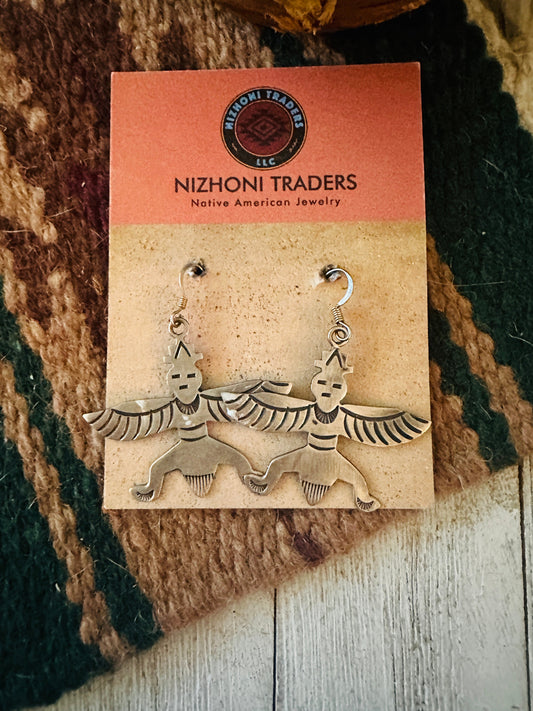 Vintage Old Pawn Handcrafted Sterling Silver Thunderbird Dangle Earrings