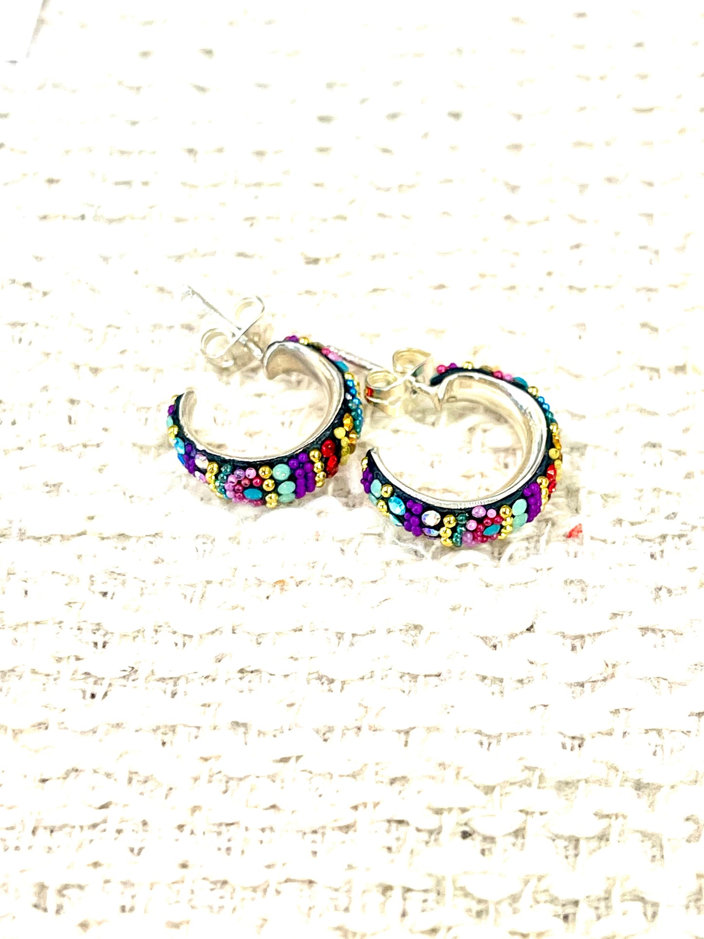 Handmade In Mexico Sterling Silver  , Multi Color Swarovski Crsytal Hoop Earrings