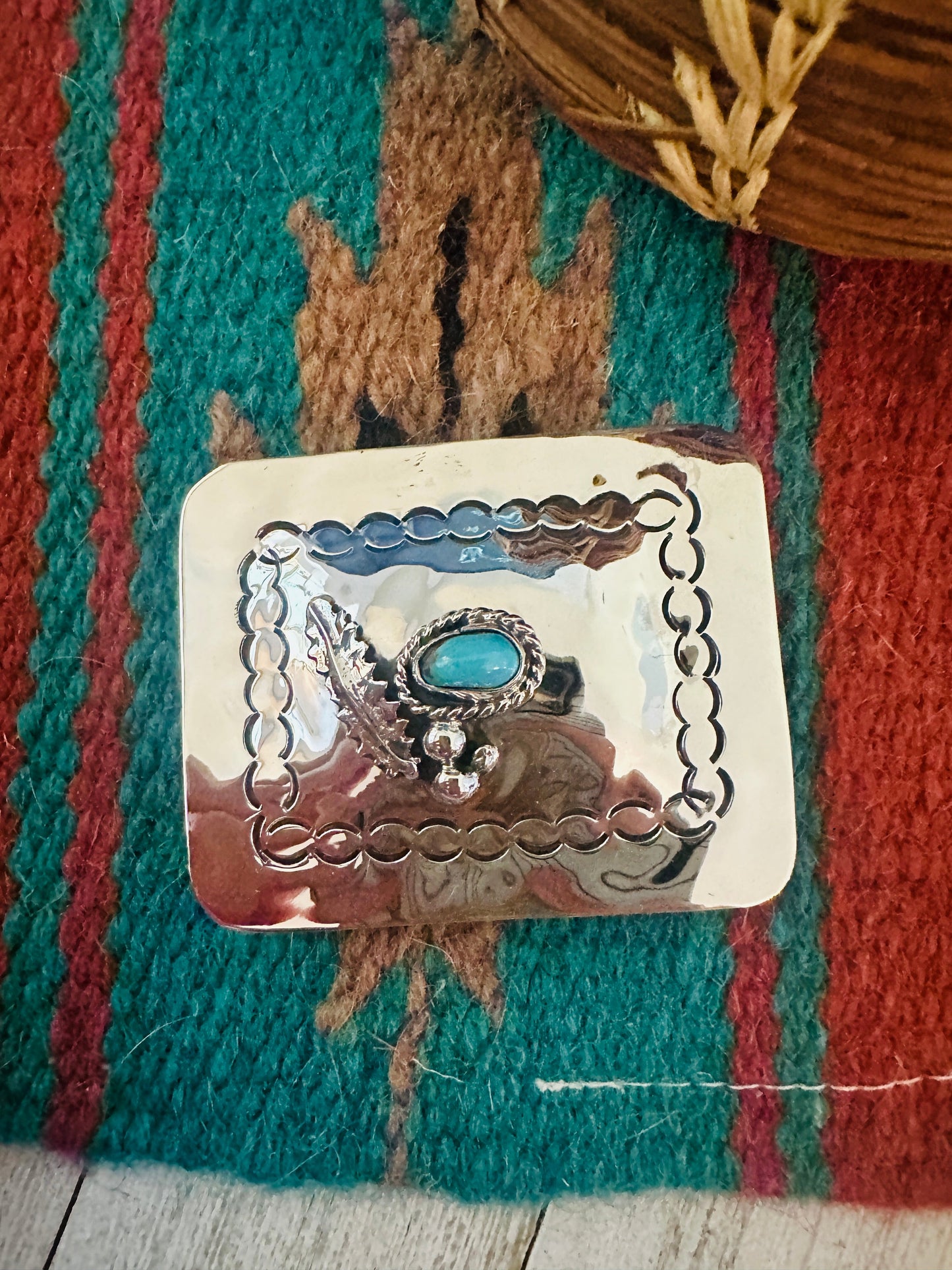 Handcrafted Turquoise & Hand Stamped Sterling Silver Belt Buckle