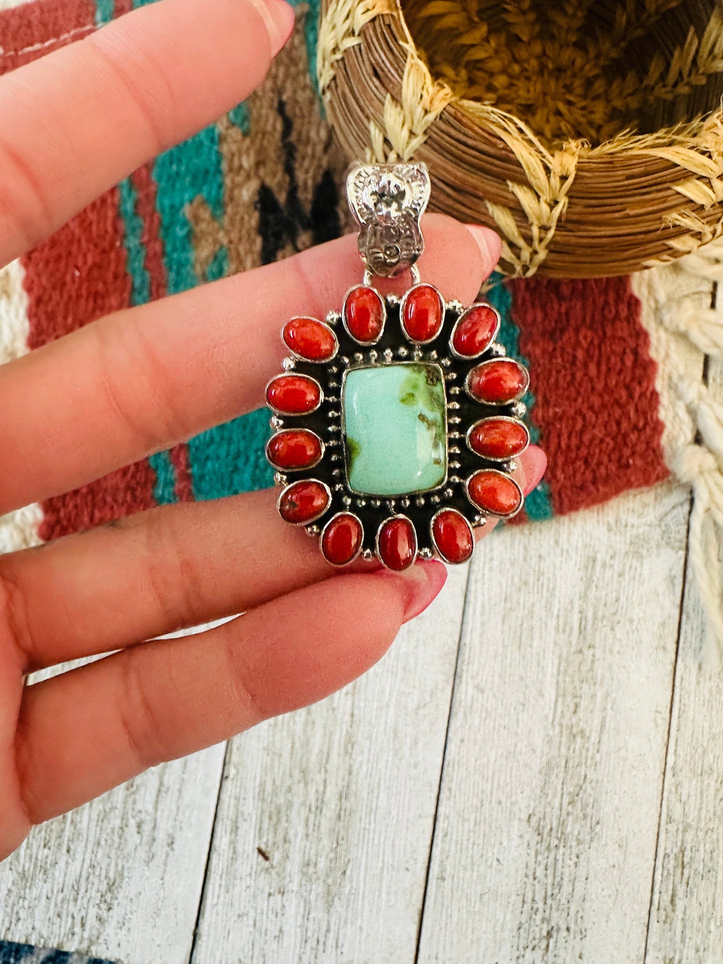 ** Christmas Collection ** Handmade Sterling Silver, Coral & Turquoise Cluster Pendant Signed Nizhoni