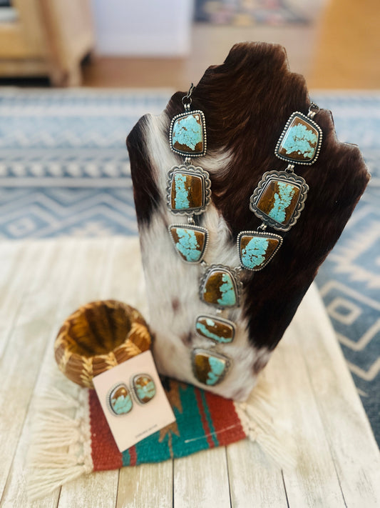 Handcrafted Number 8 Turquoise & Sterling Silver Necklace and Earring Set by Darrin Livingston