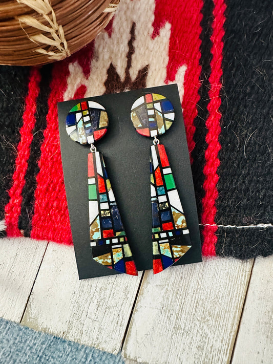 Handcrafted Multi Stone Inlay Dangle Earrings