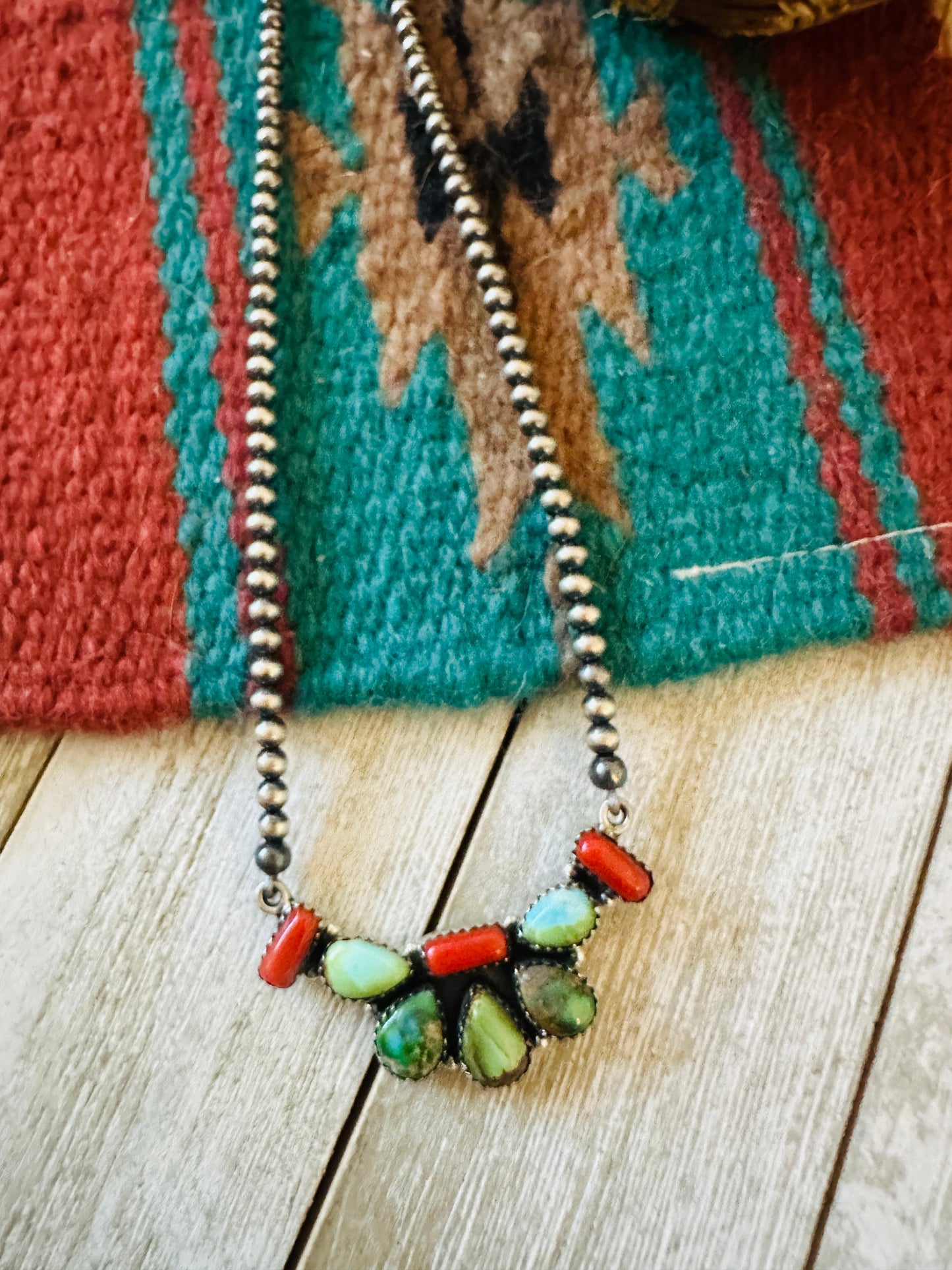 ** Christmas Collection ** Handmade Sterling Silver, Turquoise & Coral Necklace Signed Nizhoni