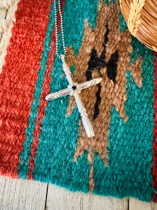 Black Onyx & Sterling Silver Cross Pendant
