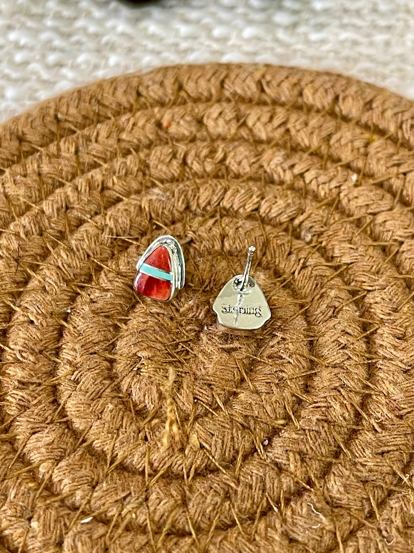 Gorgeous Handmade Sterling Silver, Red Spiny & Turquoise Inlay Stud Earrings