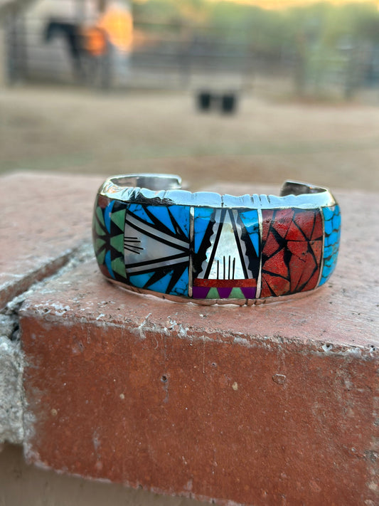 Handmade Sterling Silver Multi Stone Mosaic Inlay Cuff