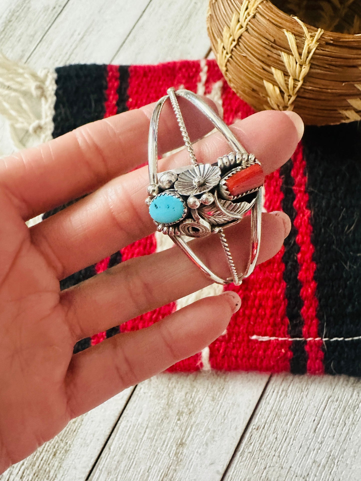 Handcrafted Turquoise, Coral & Sterling Silver Cuff Bracelet