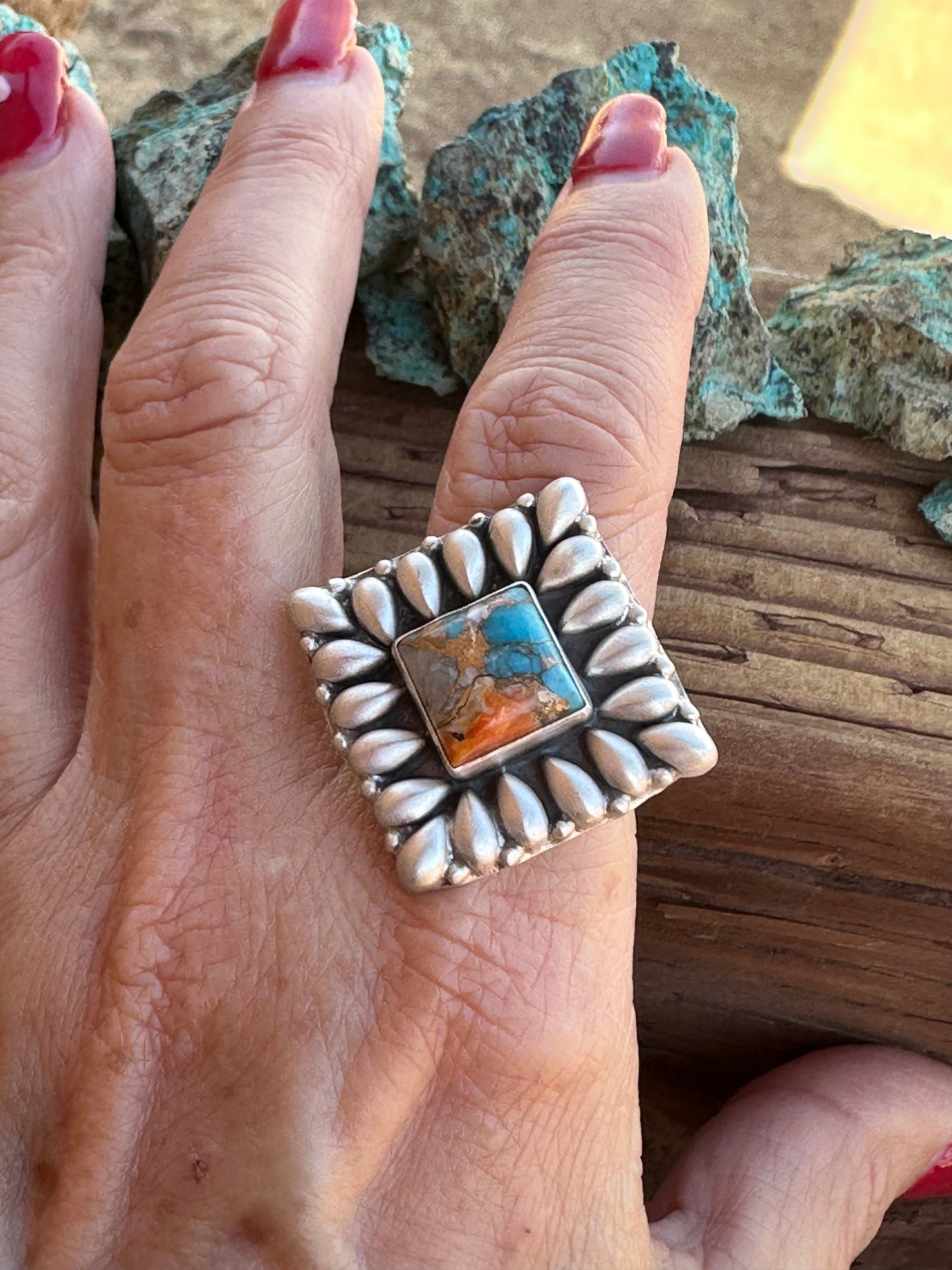 Beautiful Handmade Sterling Silver And Spice Square Adjustable Ring
