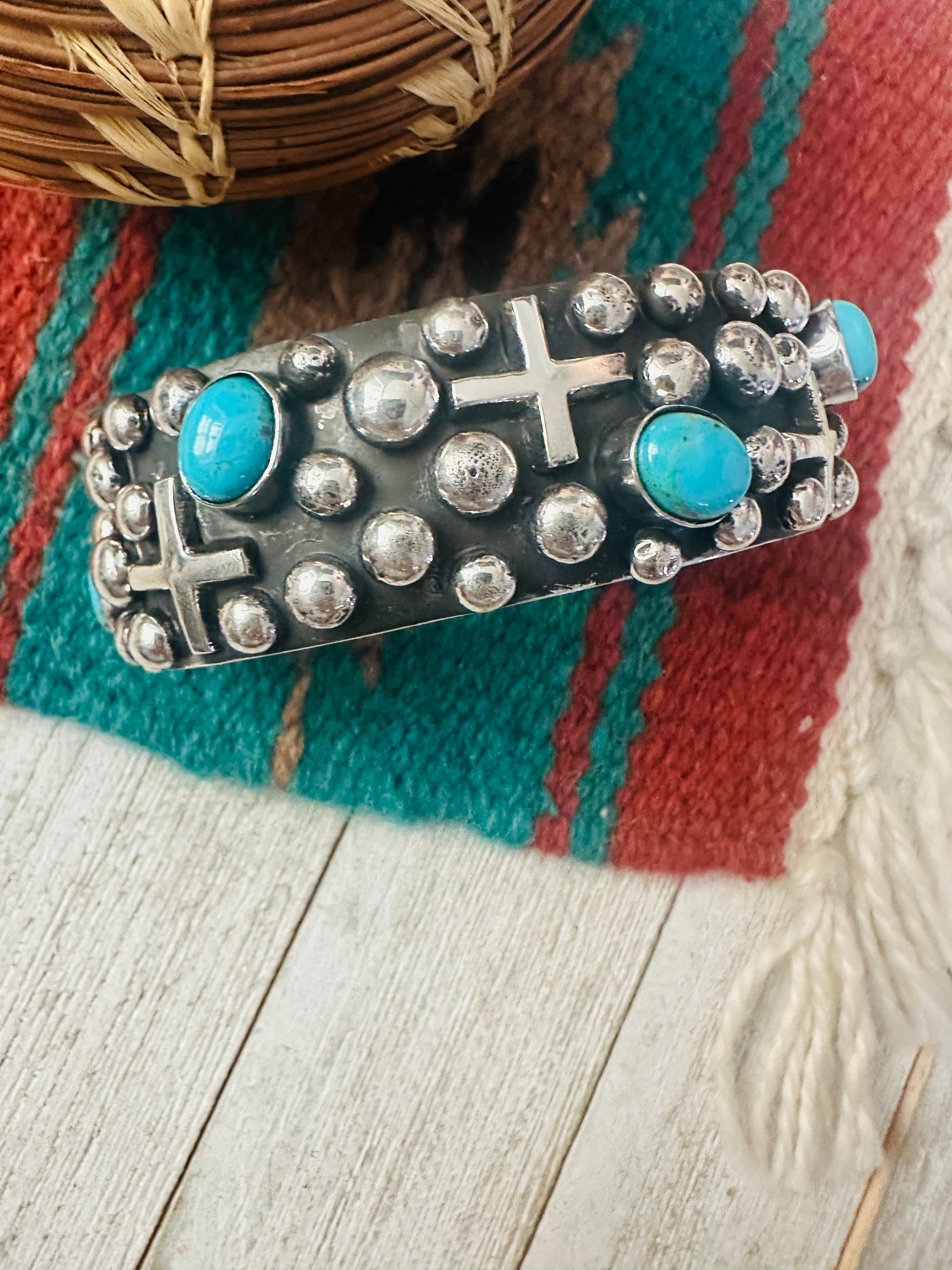 Navajo Turquoise & Sterling Silver Cross Cuff Bracelet By Chimney Butte