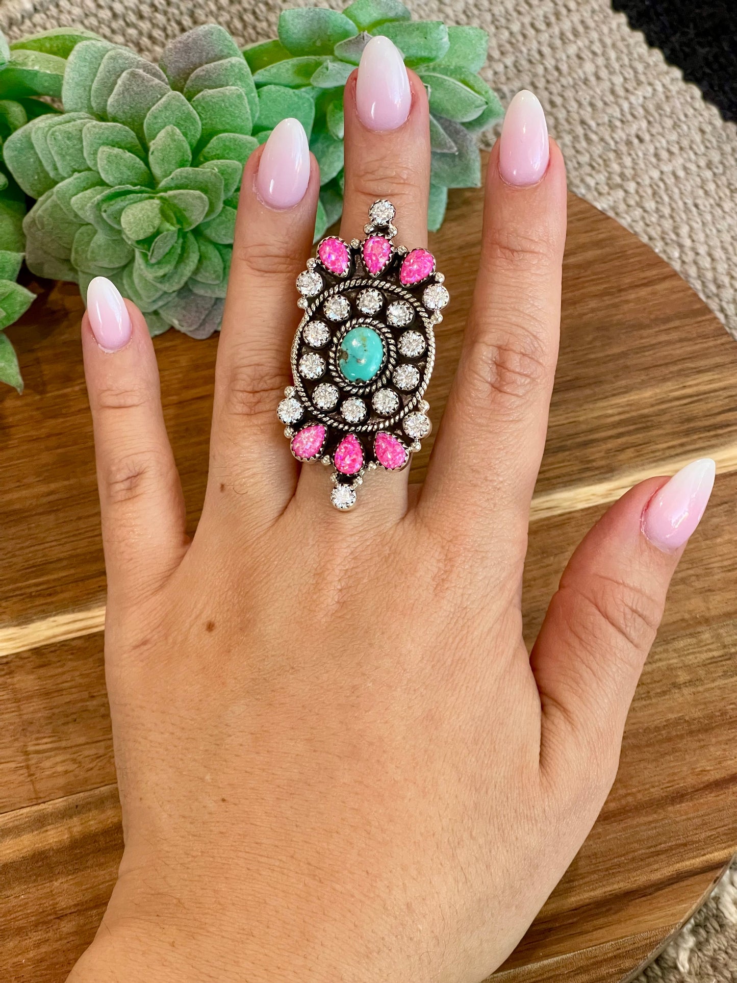 Handmade Pink Fire Opal, Opal, Cubic Zirconia And Sterling Silver Adjustable Ring Signed Nizhoni