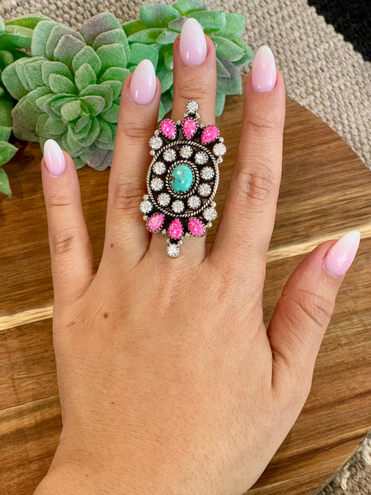 Handmade Pink Fire Opal, Opal, Cubic Zirconia And Sterling Silver Adjustable Ring Signed Nizhoni