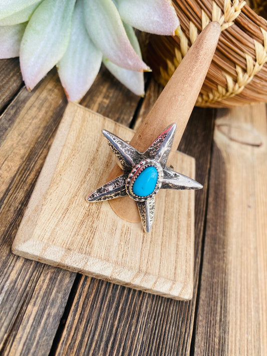 Handcrafted Turquoise & Sterling Silver Star Ring Size 9.25 Signed