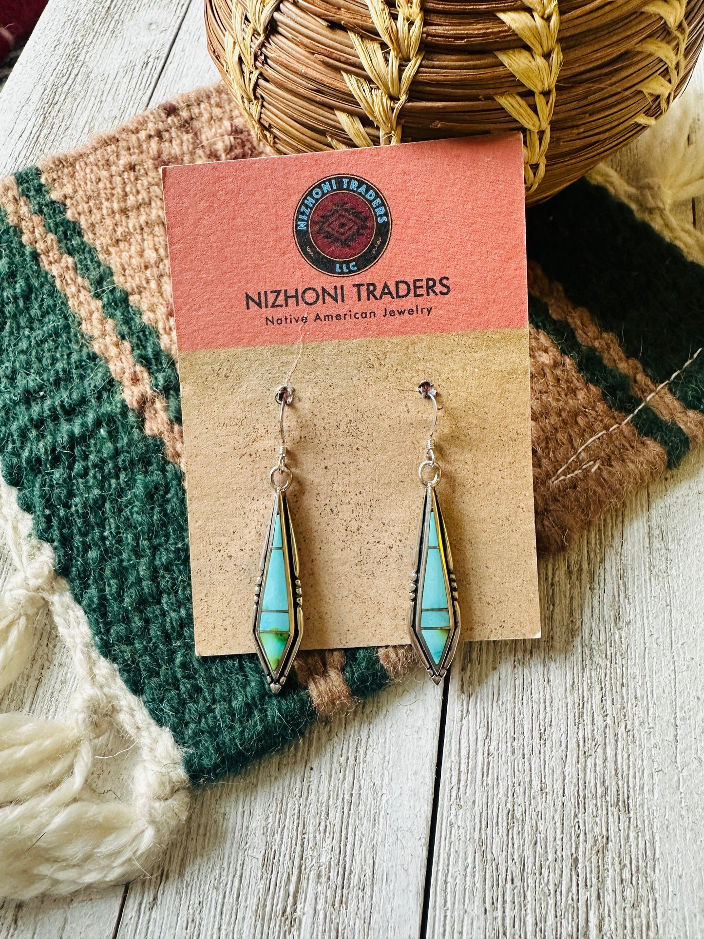 Handcrafted Sonoran Mountain Turquoise And Sterling Silver Inlay Dangle Earrings
