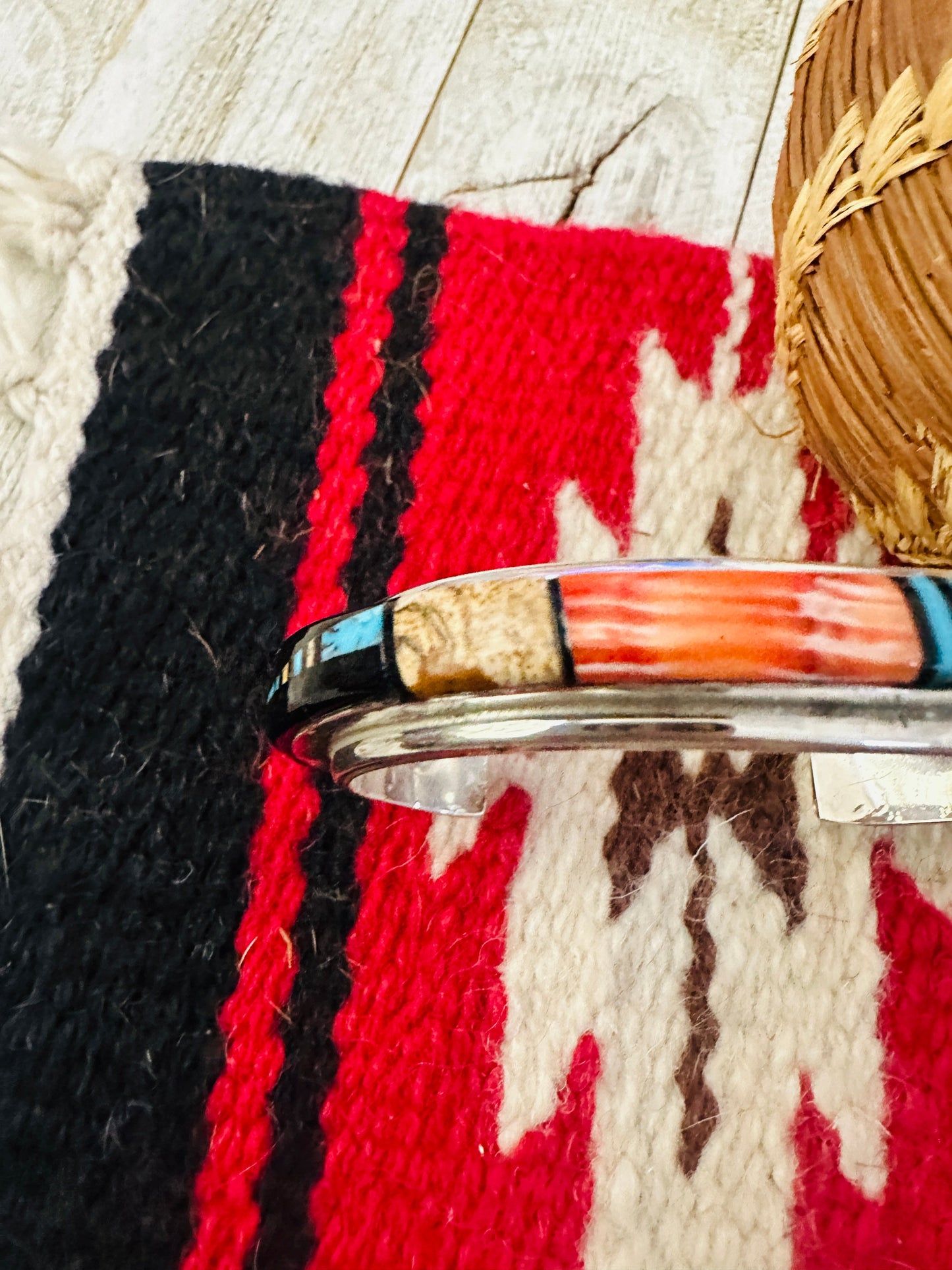 Handcrafted Multi Stone & Sterling Silver Inlay Cuff Bracelet by Ray Jack