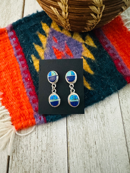 Handcrafted Sterling Silver & Multi Stone Inlay Dangle Earrings