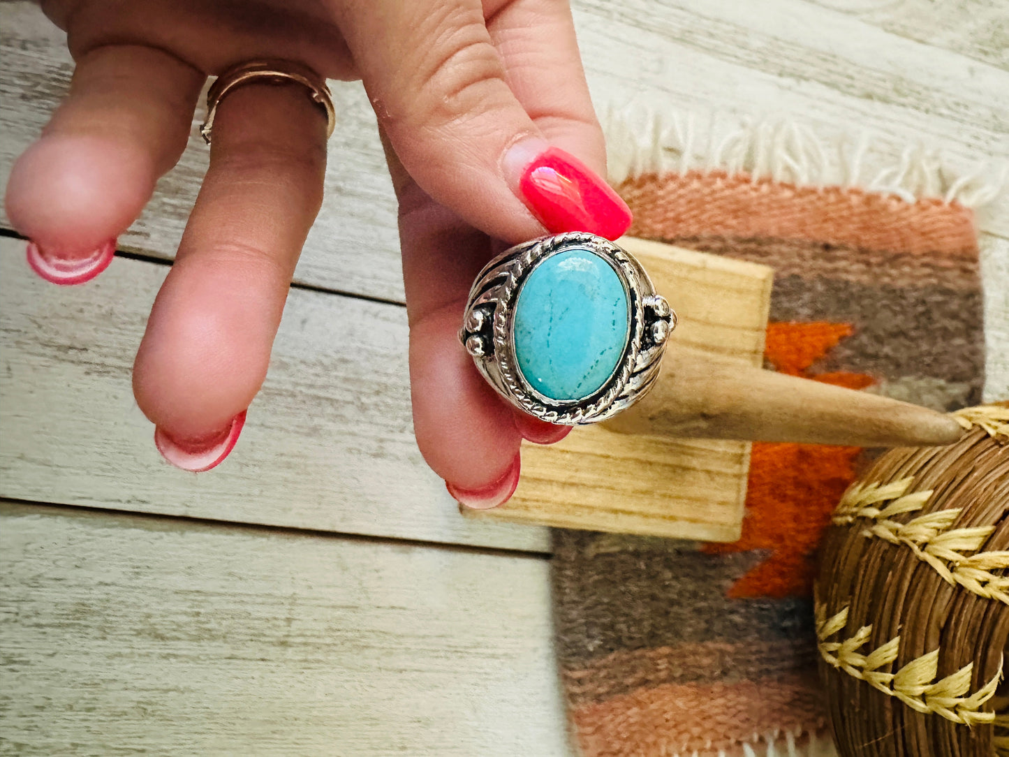 Navajo Kingman Turquoise & Sterling Silver Ring Size 9.5