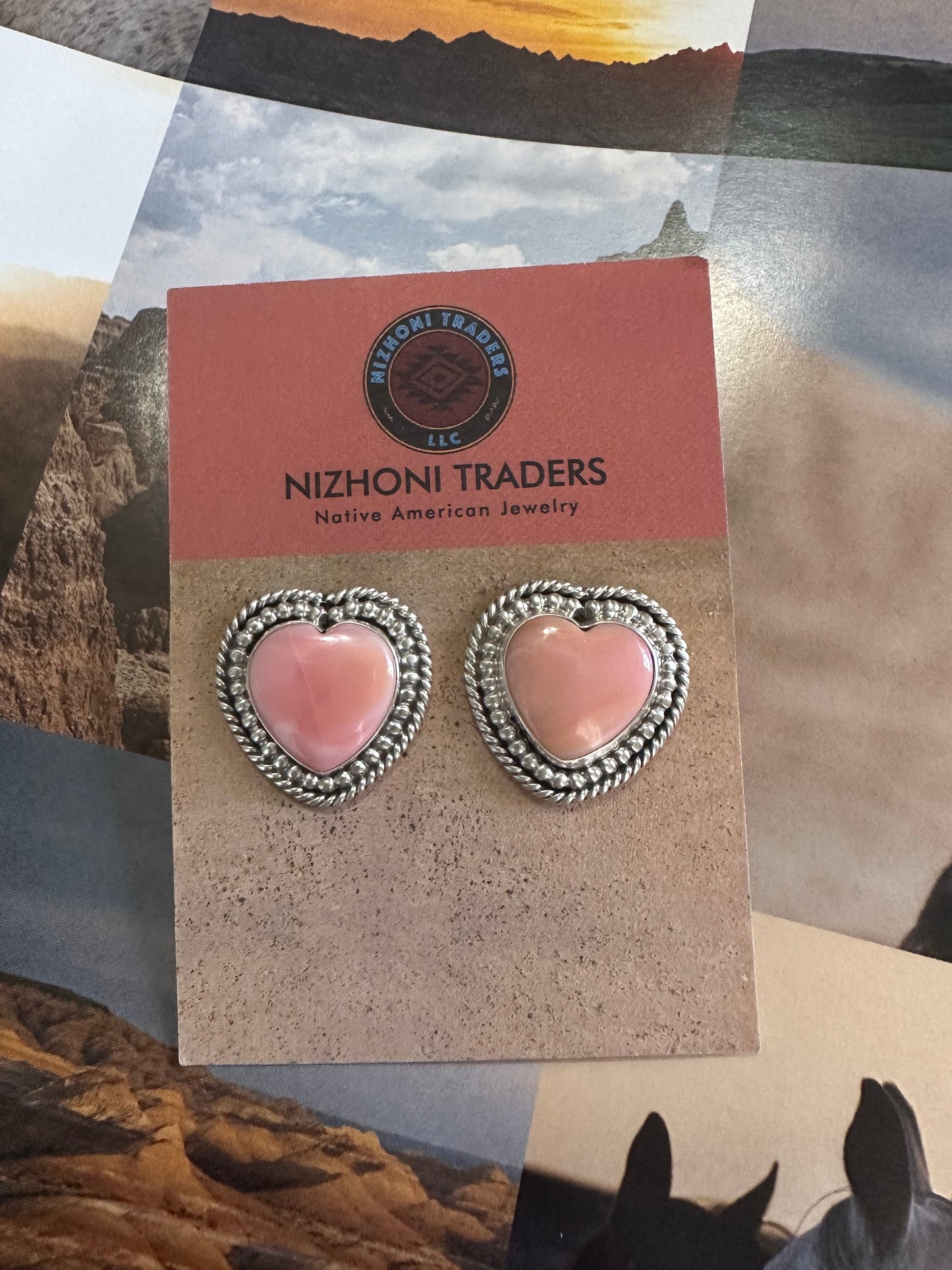 Navajo Sterling Silver Pink Conch Heart Stud Earrings