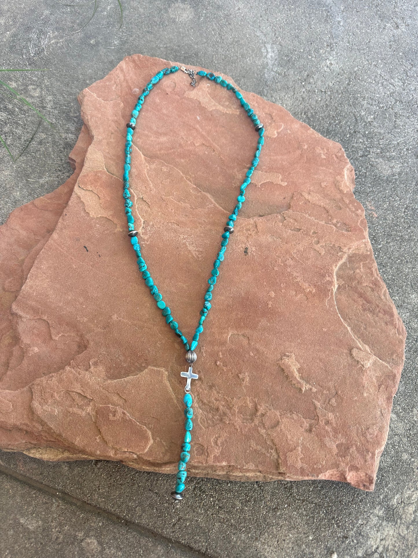 Nizhoni’s Handmade Sterling Silver Turquoise Beaded Lariat Cross Necklace