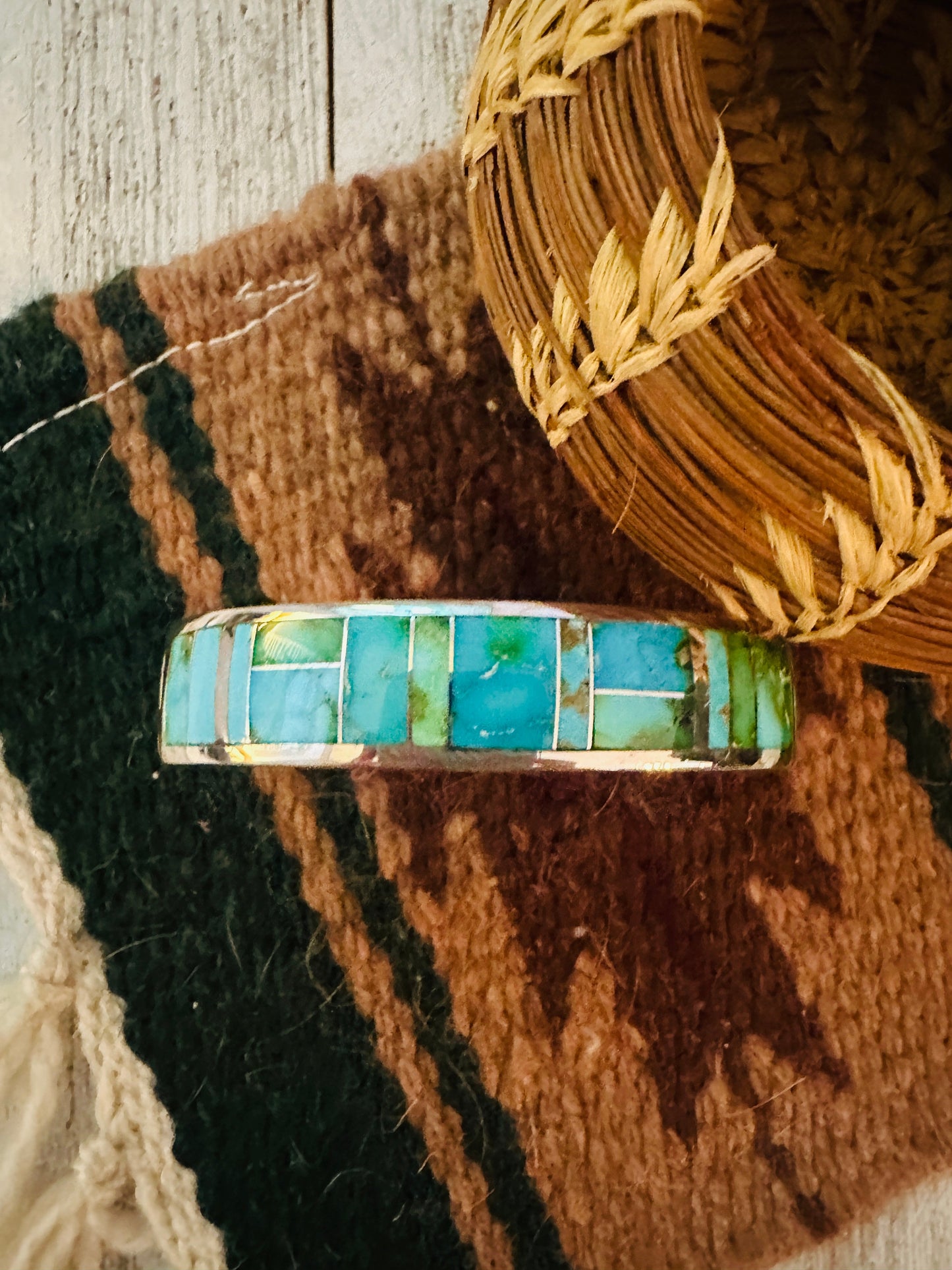 Navajo Sonoran Mountain Turquoise & Sterling Silver Inlay Cuff Bracelet