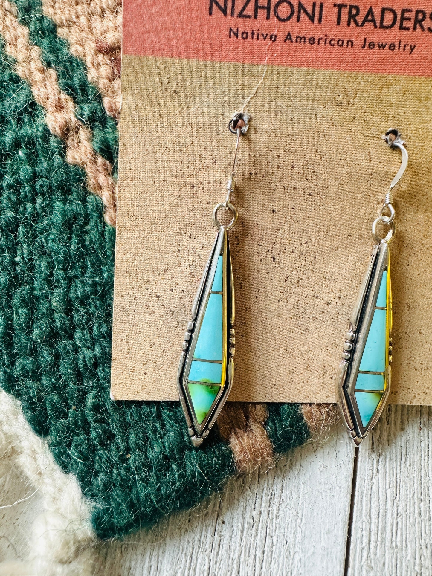 Handcrafted Sonoran Mountain Turquoise And Sterling Silver Inlay Dangle Earrings