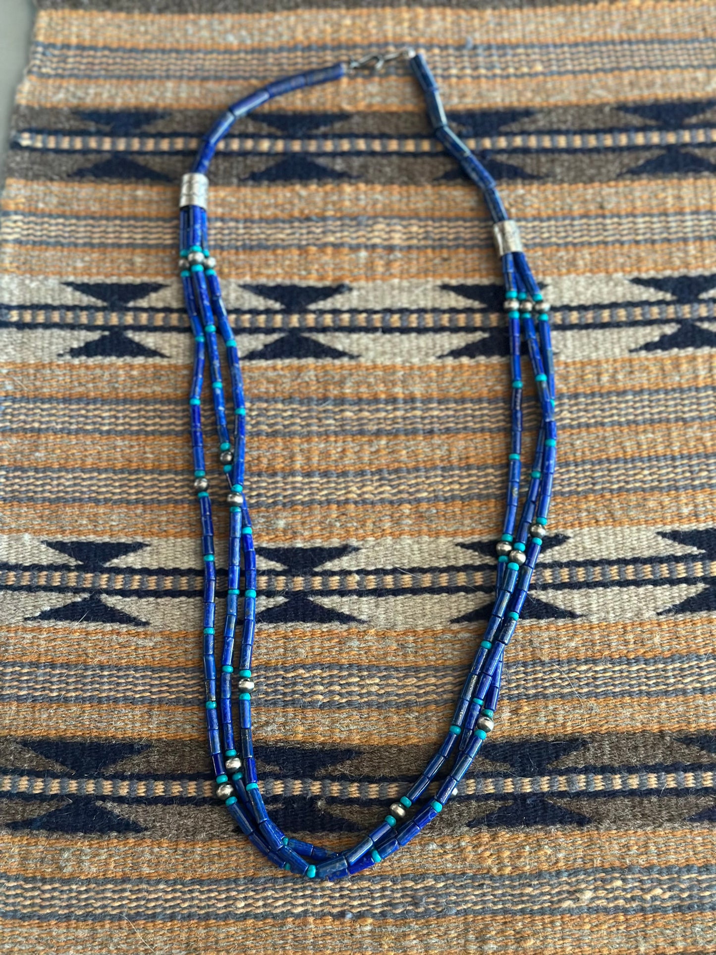 Old Pawn Sterling Silver Lapis and Turquoise Beaded 28 inch Necklace
