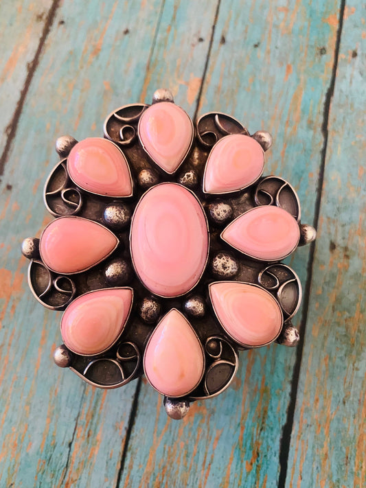 Handcrafted Queen Pink Conch Shell & Sterling Silver Cluster Cuff Bracelet Signed /