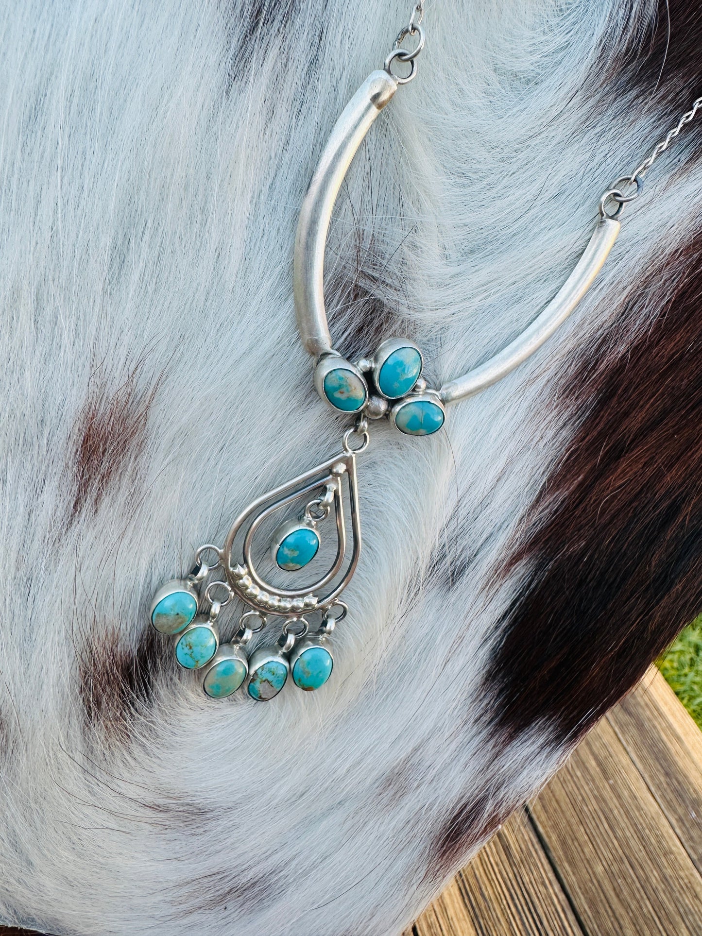Handcrafted Turquoise & Sterling Silver Chandelier Necklace by Pearlene Spencer
