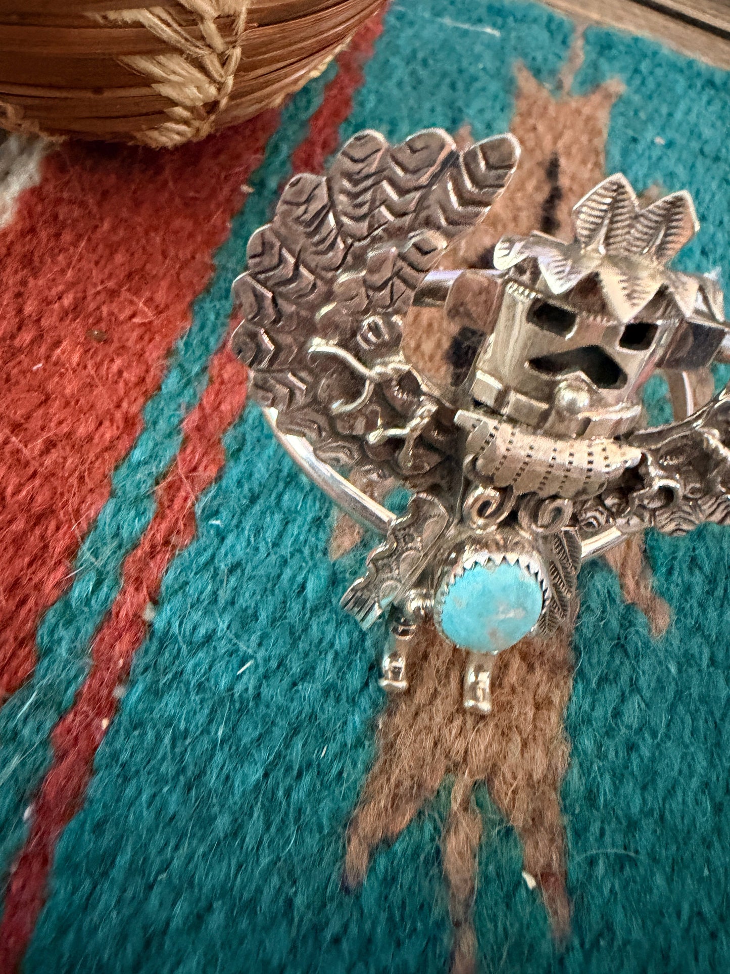 Handcrafted Old Pawn Sterling Silver & Turquoise Kachina Cuff Bracelet