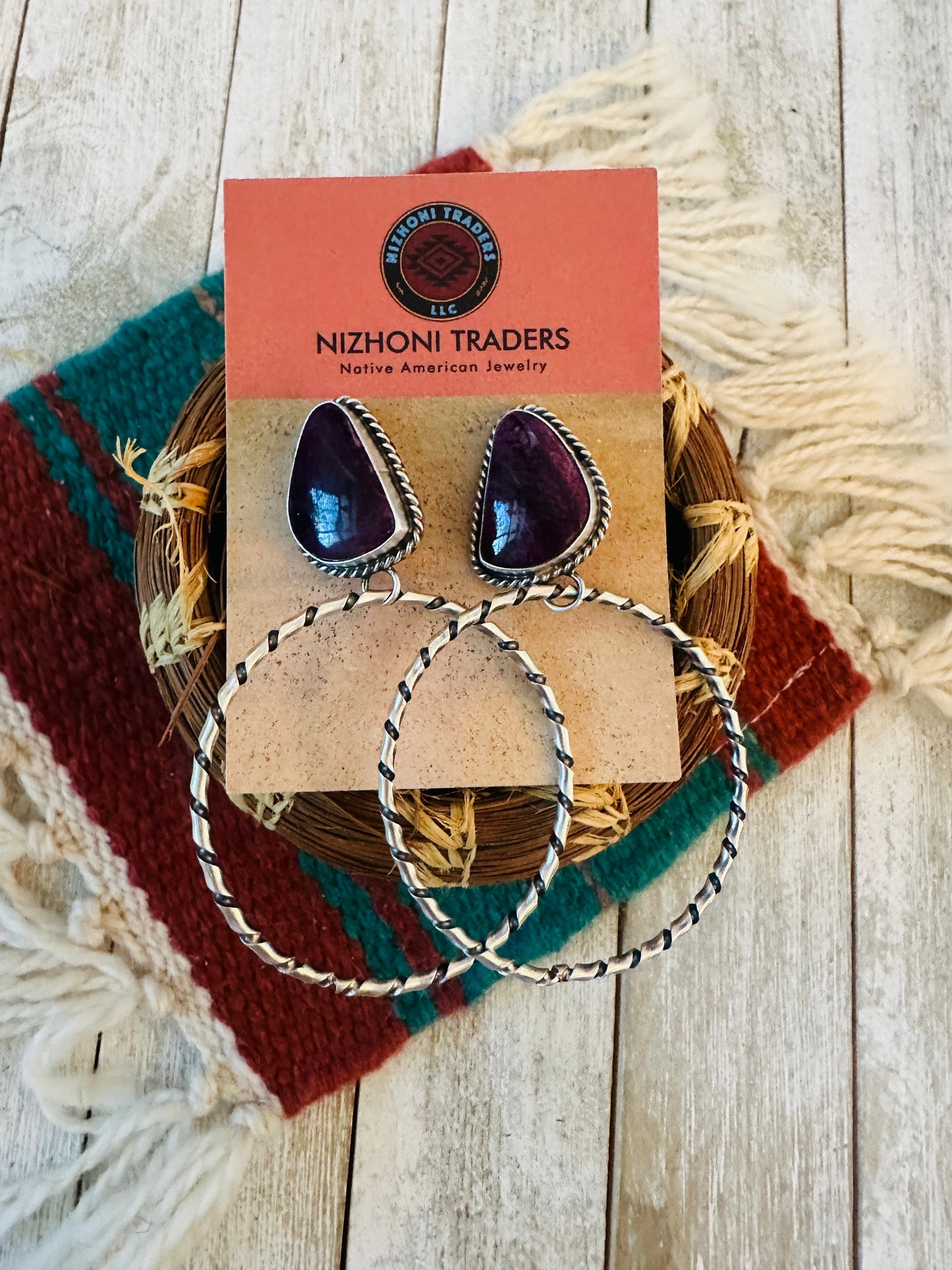 Handcrafted Purple Spiny and Sterling Silver Dangle Hoop Earrings