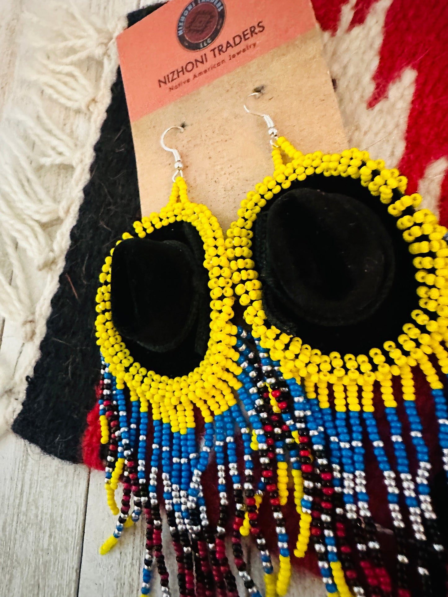 Handcrafted Beaded Cowboy Hat Dangle Earrings- yellow