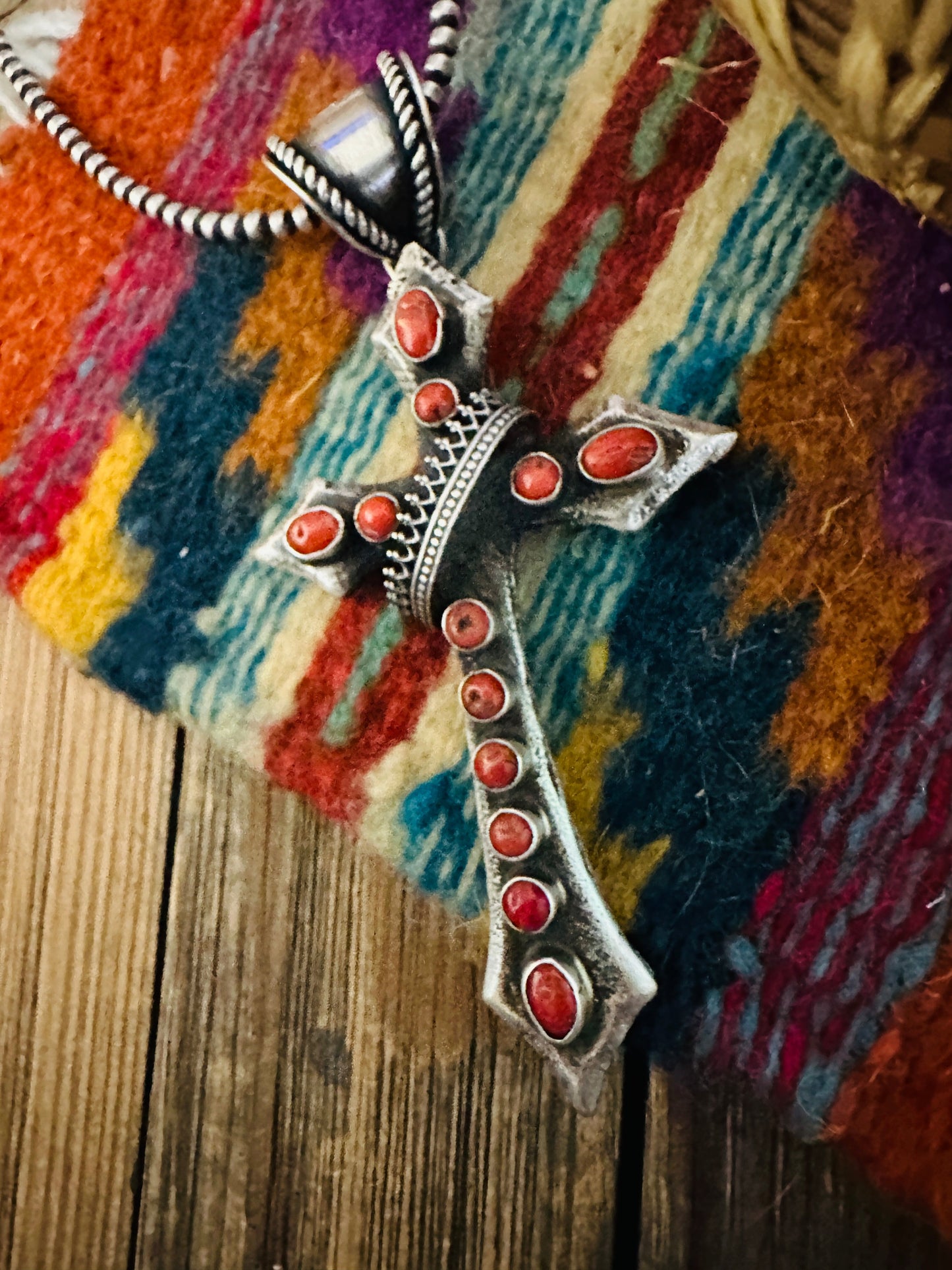 Handcrafted Sterling Silver & Coral Cross Pendant by Shawn Cayatineto