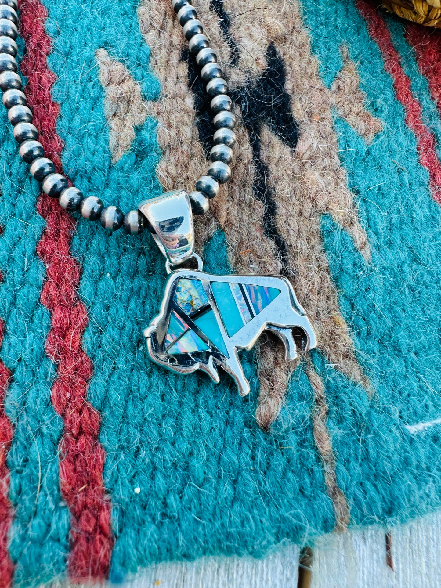 Handcrafted Sterling Silver, Turquoise and Opal Inlay Buffalo Pendant
