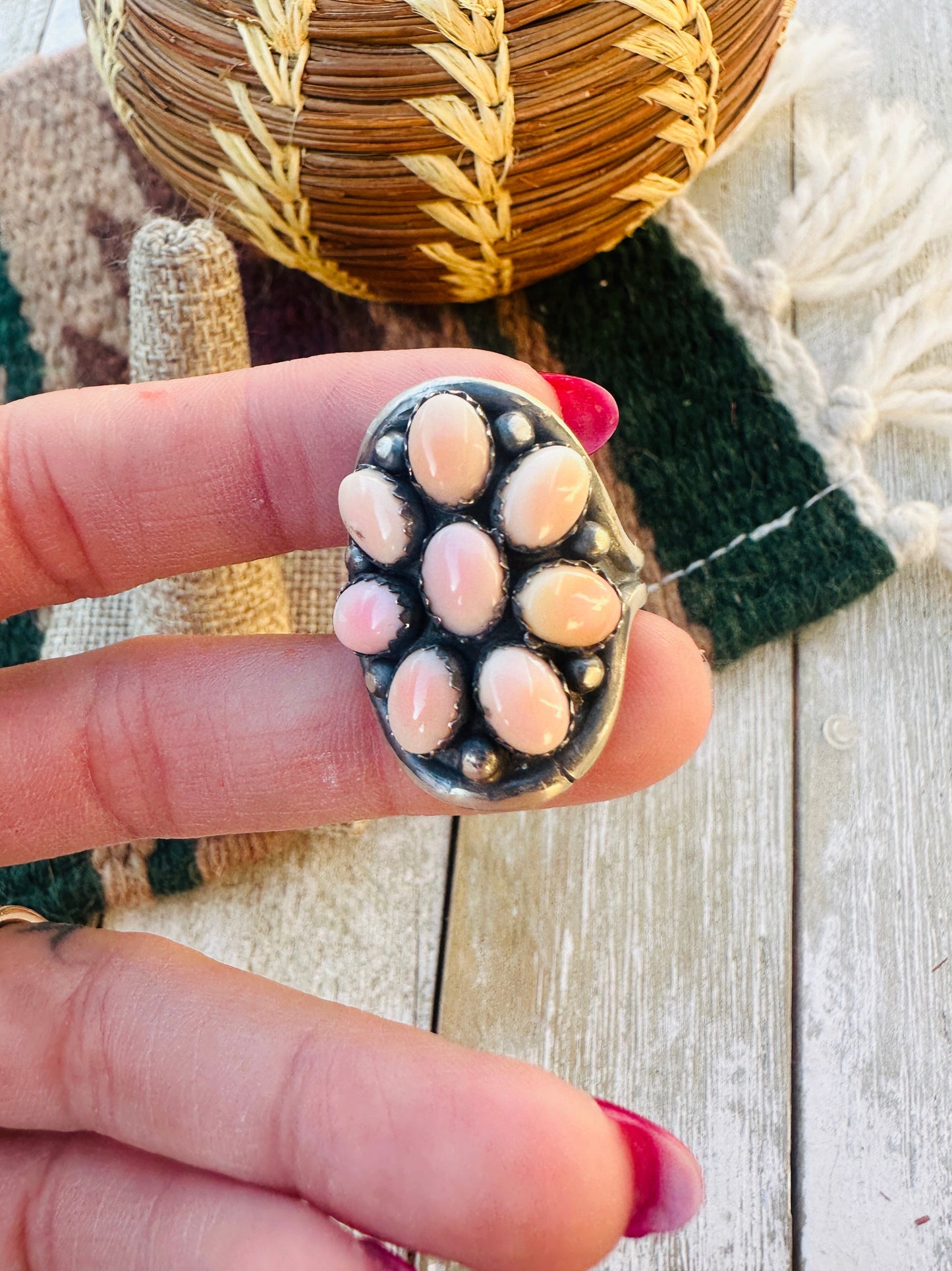 Handcrafted Queen Pink Conch & Sterling Silver Cluster Ring