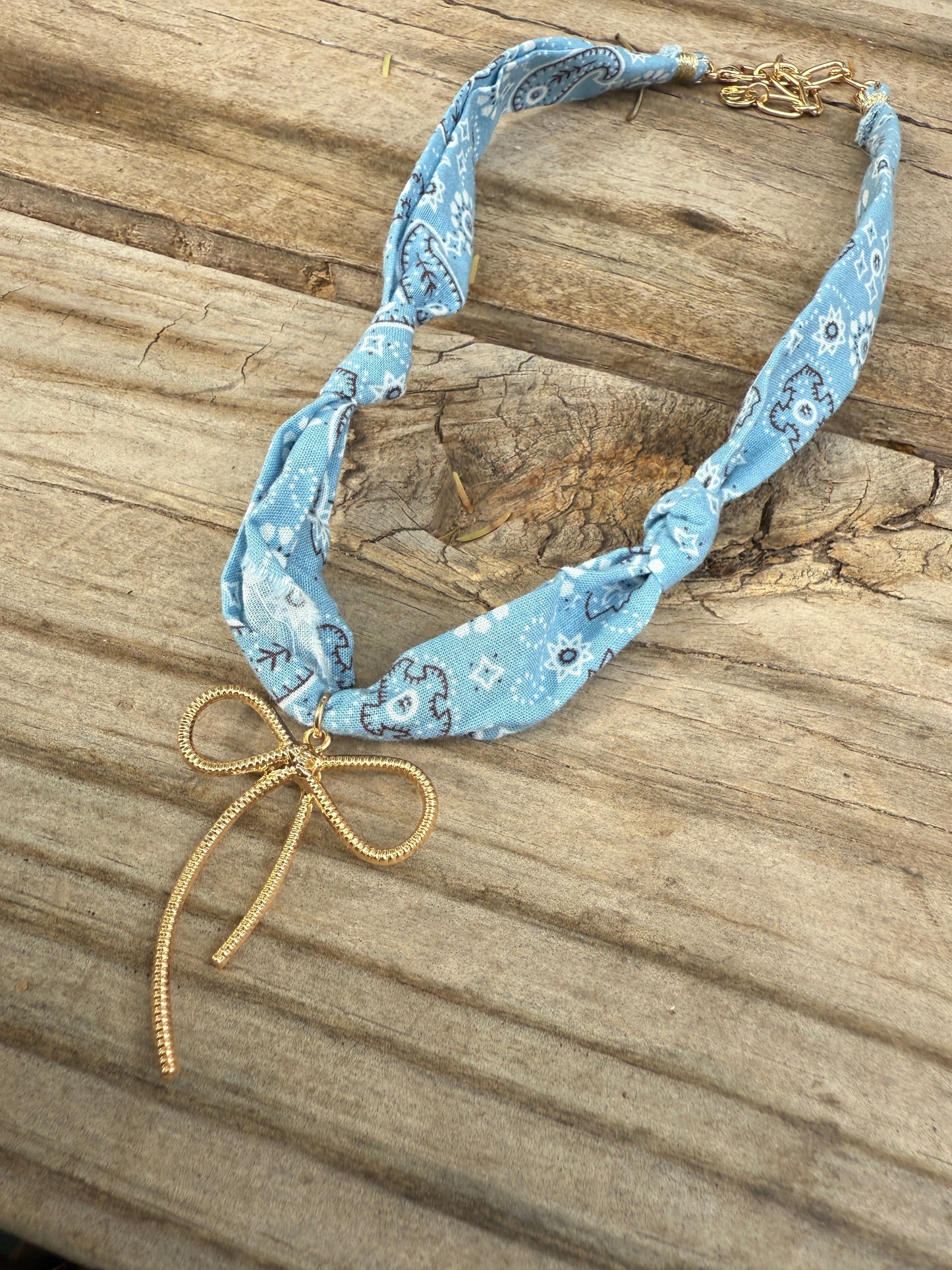 "THE GOLDEN COLLECTION" Handmade Bandana Charm Necklace LIGHT BLUE