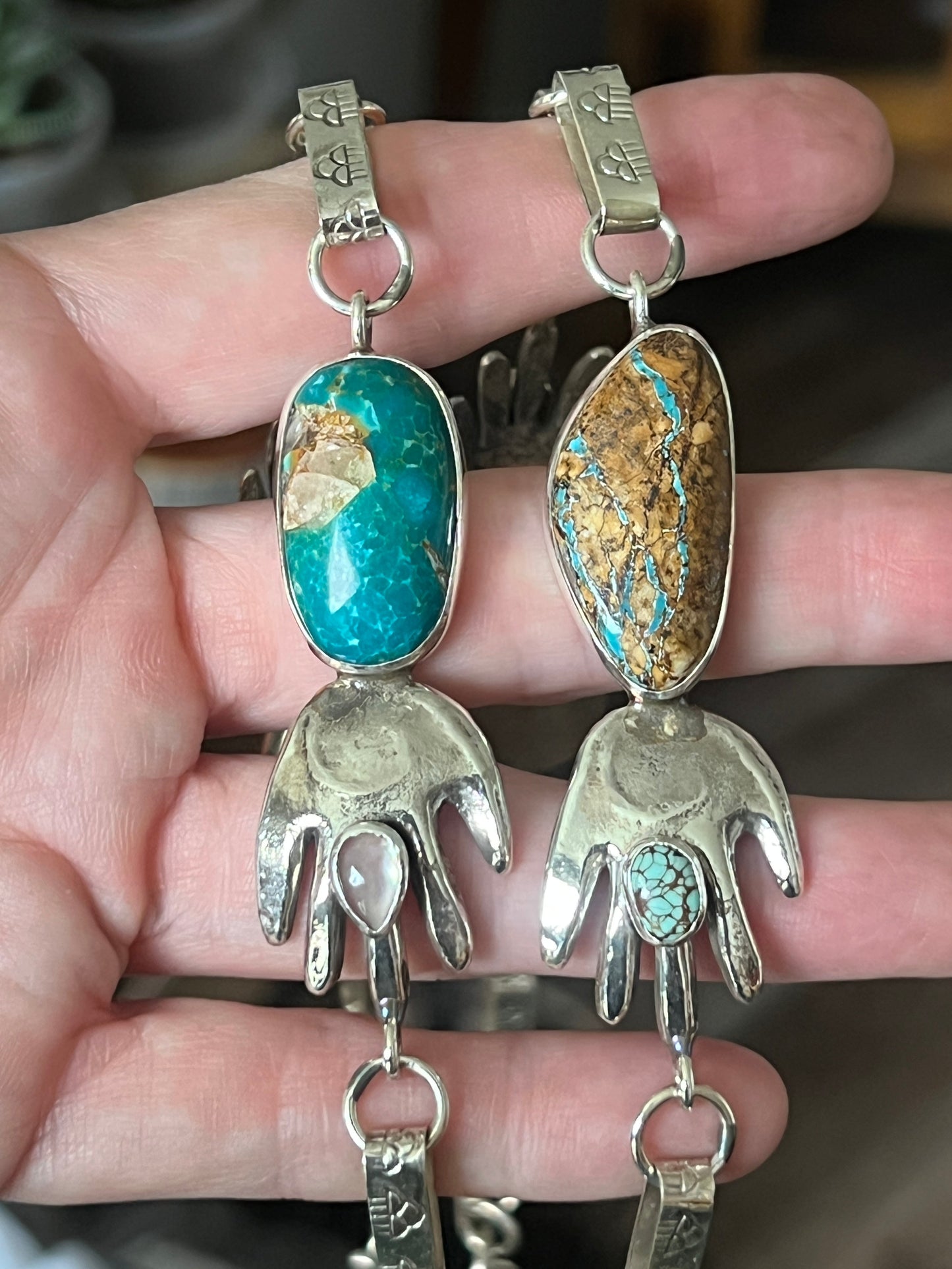 Jay Leon Coriz Handcrafted Sterling Silver and Royston Turquoise Healing Hand Station Necklace