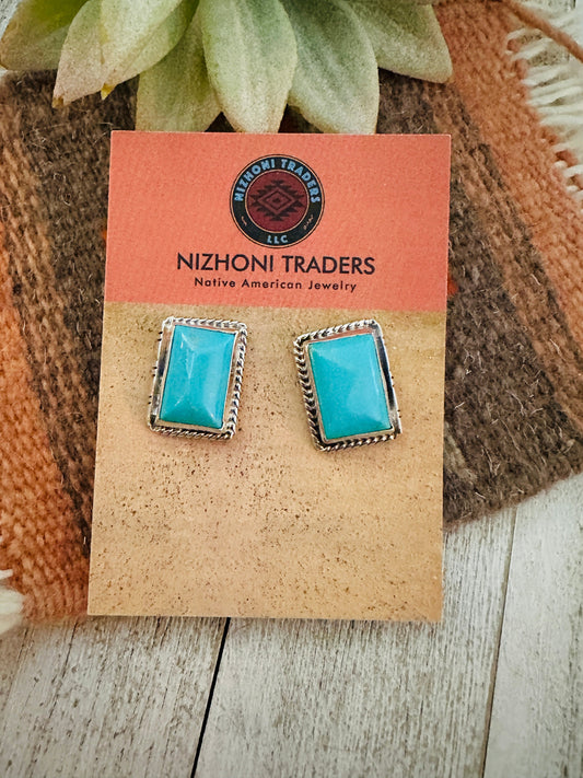 Handcrafted Turquoise & Sterling Silver Rectangle Post Earrings